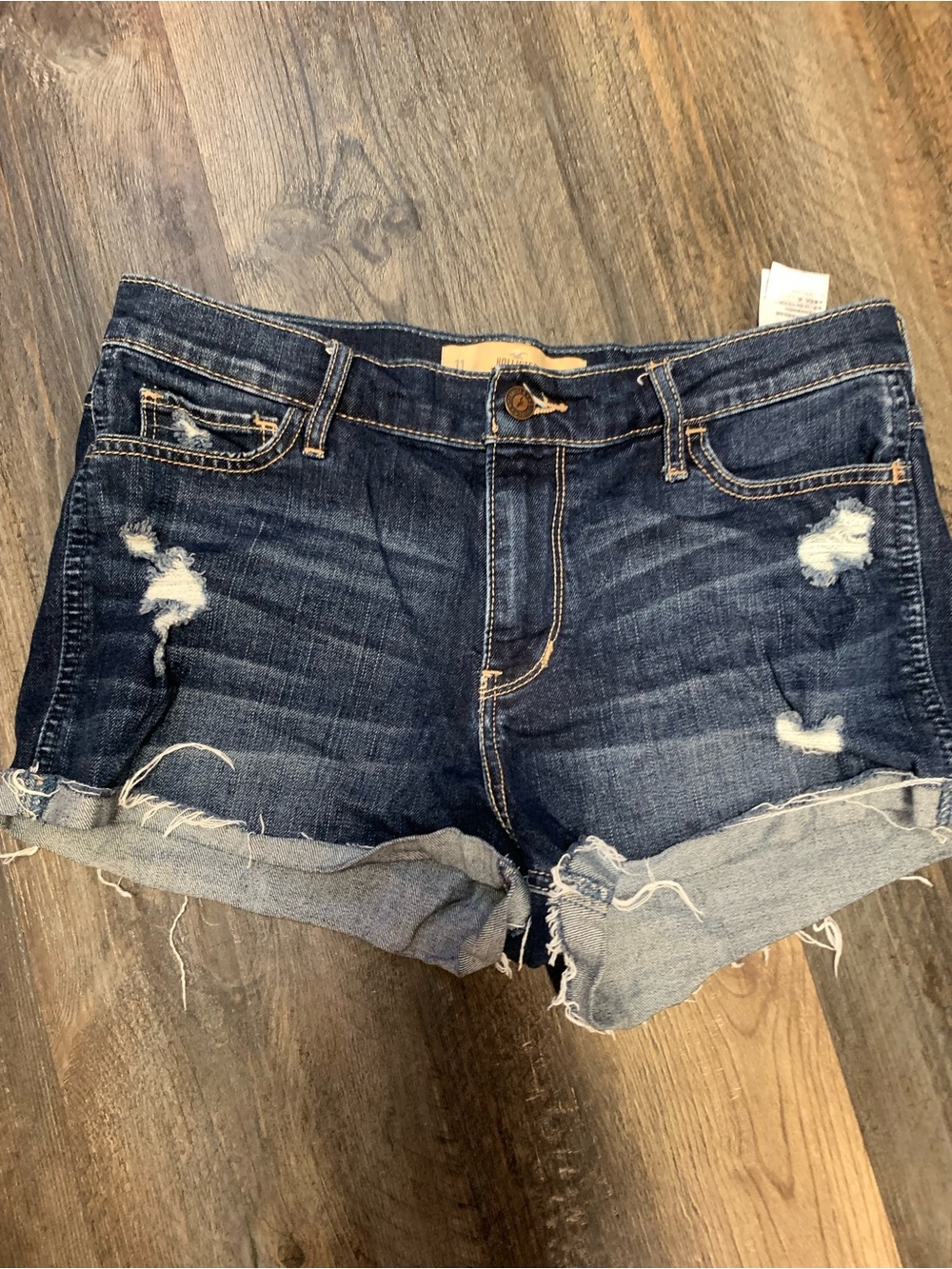 Hollister Dark Blue Distressed Rolled Hem Denim Shorts
